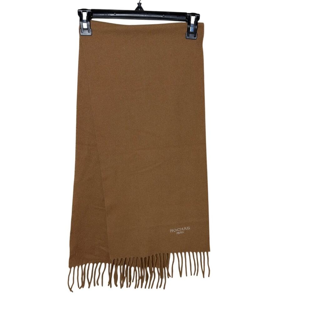 Vtg ROCHAS PARIS Scarf Camel Brown Cashmere Wool Fringed Unisex Winter Preppy